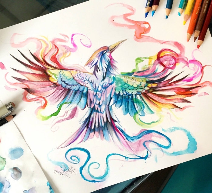 bilder zum nachmalen, fliegender vogel, farbige zeichnung, bunte farbstifte, schöne bilder zum zeichnen