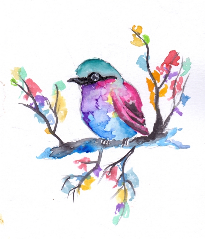 bilder zum nachmalen, kleiner vogel am zweig, malen mit wasserfarben, schöne bilder zum zeichnen
