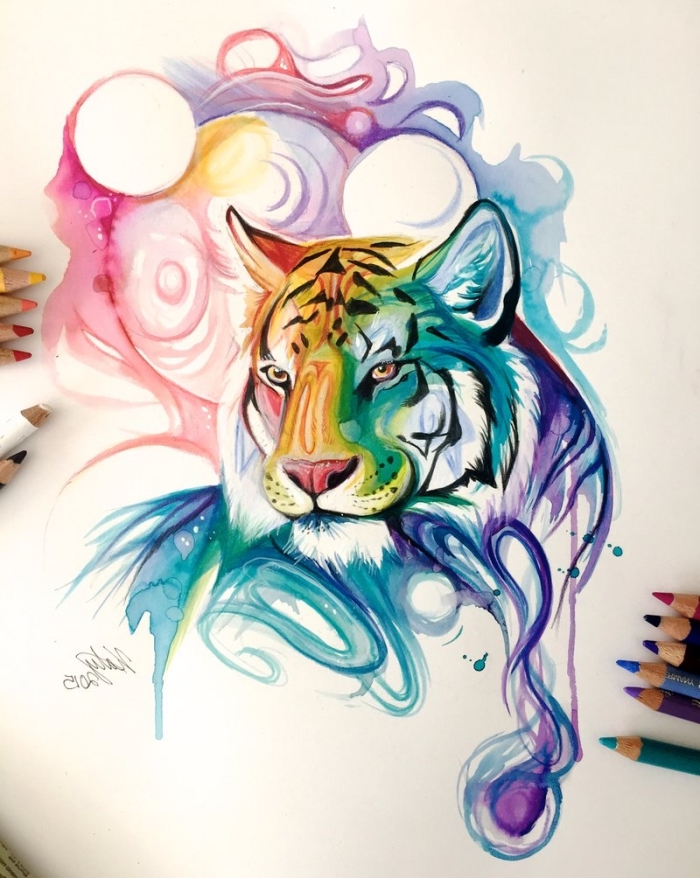 bilder zum nachmalen, tiger zeichnen, farbige zeichnung, bunte farben, tigerkopf