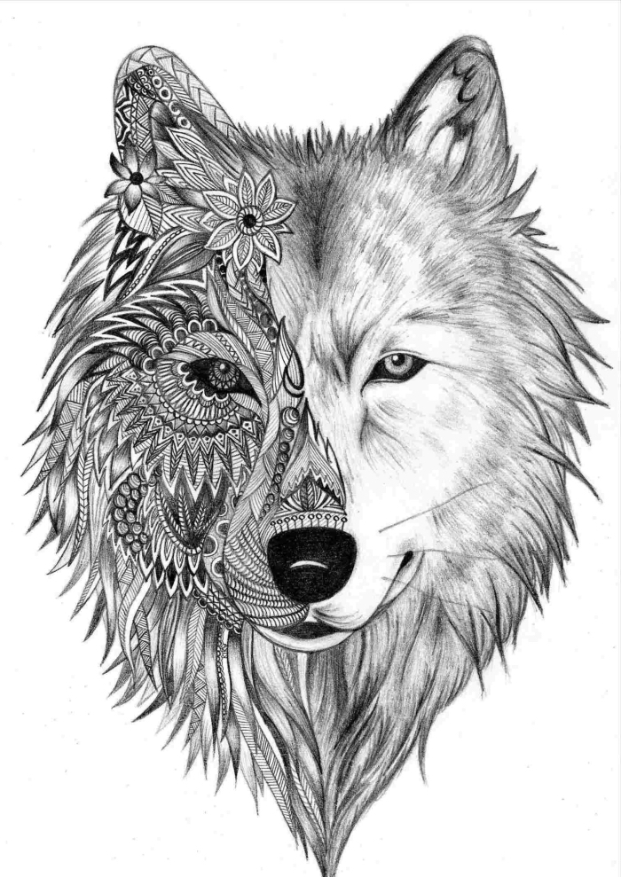 bilder zum nachzeichnen, totem tier zeichnung, wolfkopf, geometrische motive, wolf als tattoo motiv