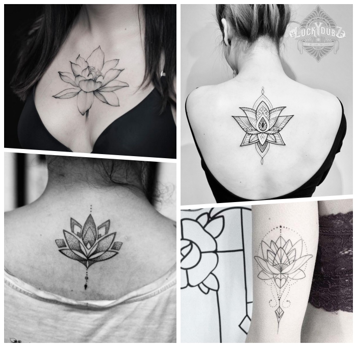 buddhismus symbole ideen, tattoo motive für frauen, lotusblume am rücken, geoemtrische elemente