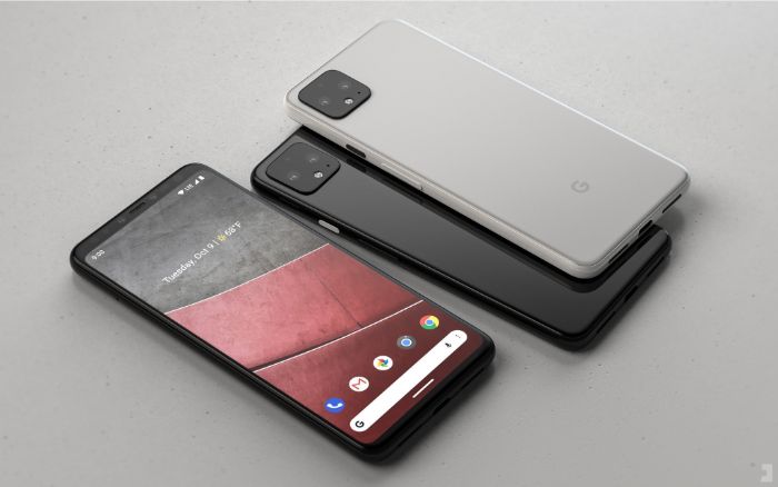 drei graue und schwarze smartphones pixel vier von google mit einem schwarzen quadratischen kameraelement mit sensoren in der linken ecke