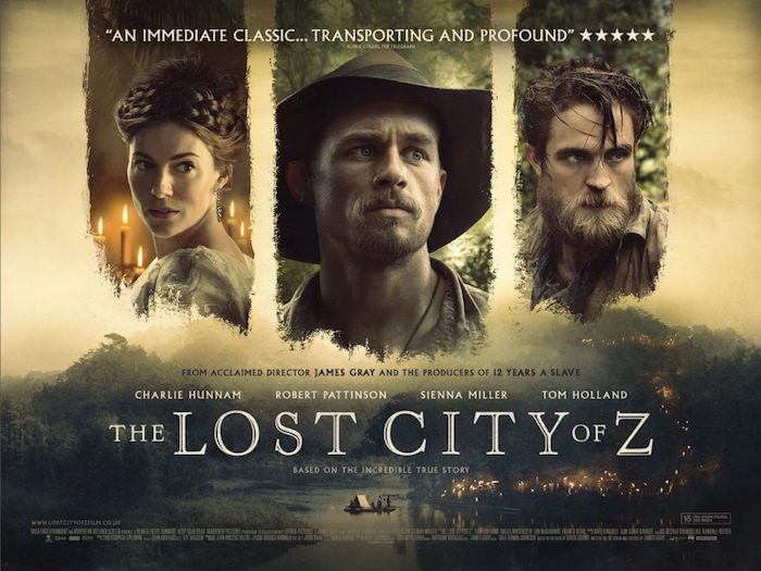 poster zu dem film the lost city of z mit dschungel mit vielen grünen bäumen und fluss, eine frau und zwei männer