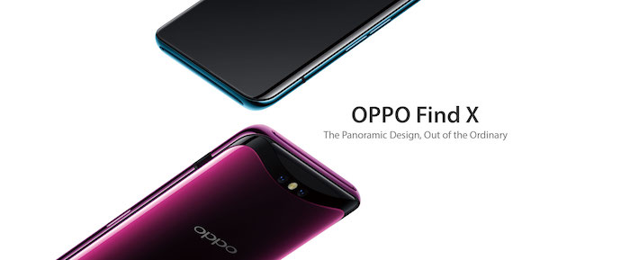 ein blaues smartphone mit einem schwarzen dsplay mit einer hinter dem bildschirm versteckten frontkamera, ein violettes smartphone von oppo