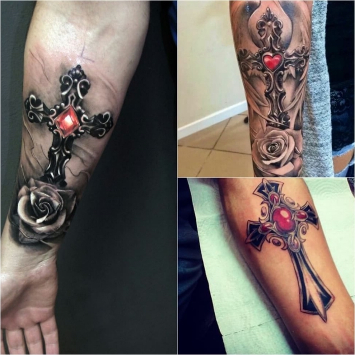eisernes kreuz tattoo, realitische tätowierung am arm, metallenes kreuz mit großem rotem stein