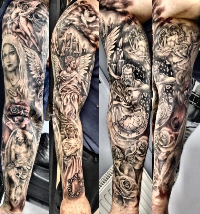 engel tattoo arm, sleeve tattoo ideen, große detaillierte tätoweirung mit realitischen motiven, uhr, taschenuhr