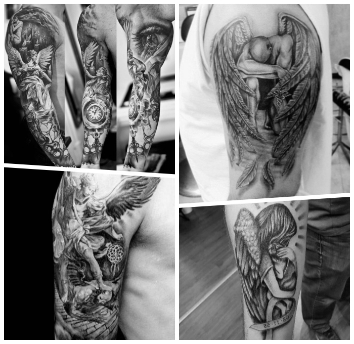 engel tattoo designs, realitische tätowieungen in schwarz und grau, tattoo am arm stecken lassen, sleeve