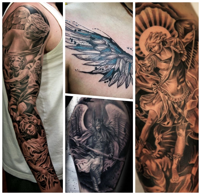 engel tattoo designs für männer, engesflügel in schwarz und blau, mann mit sleeve tattoo, schutzengel, michael
