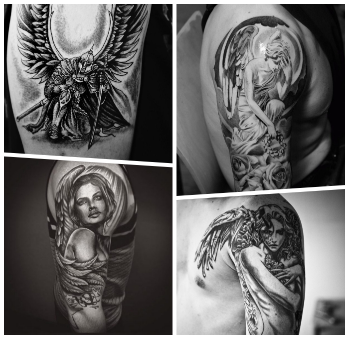 engel tattoo designs, tätowierungen in schwarz und grau, frau mit engelsflügel, gefallener enegel, tattoo am arm
