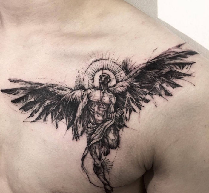 engel tattoo am brust, blackwork tätowierung, mann mit großen flügeln und heiligschein, tattoo ideen