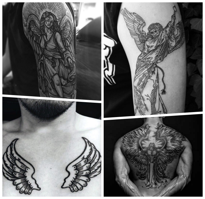 engelsflügel tattoo am brust, mann mit detaillierter tätowierung an der brust, großes rücken tattoo
