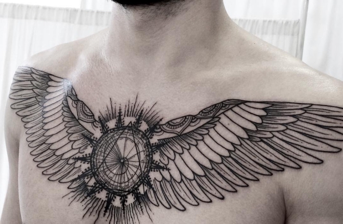 engelsflügel tattoo designs, mann mit blackwork tätowierung auf der brust, geometrische motive