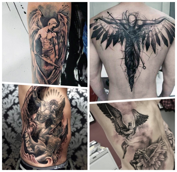 erzengel michael tattoo, mann mit flügeln und schwert, gefallener engel, tätowierungen in schwarz und grau