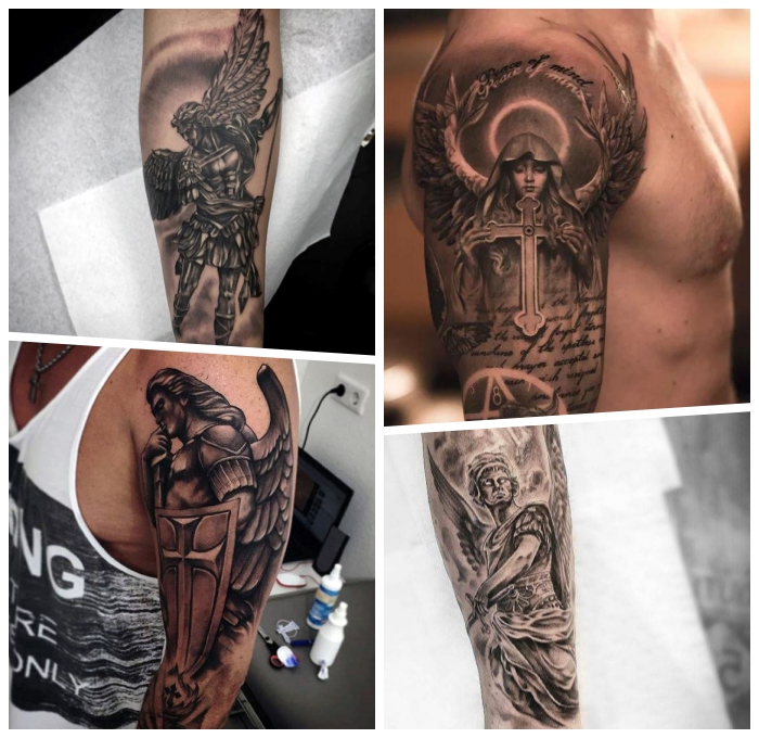 erzengel michael tattoo motive für männer, die besten tattoo designs, schwarz grau tätowierungen