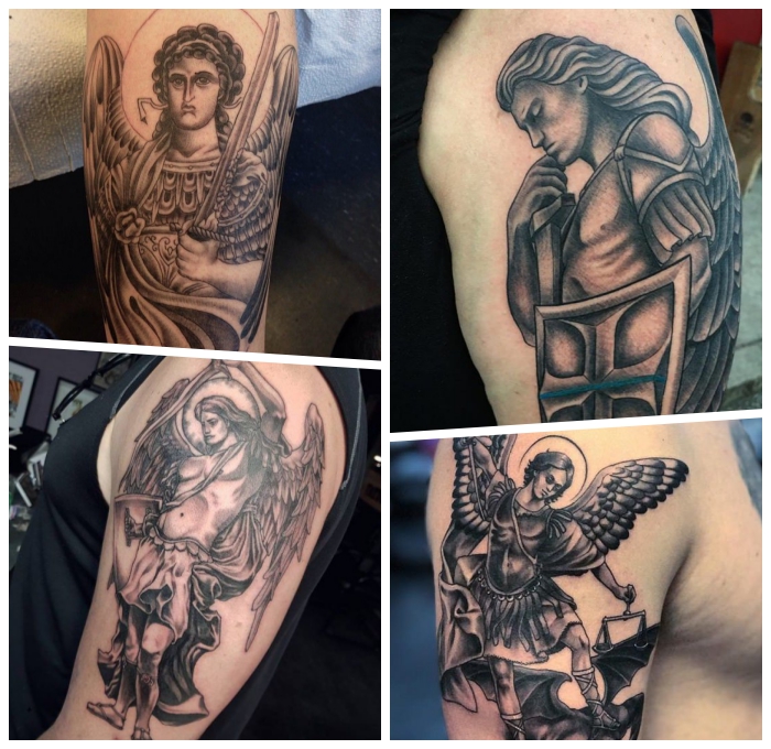 erzengel michael tattoo, realitische tätowierungen mit religiösen motiven, mann mit schwert und schild, schutzengel 