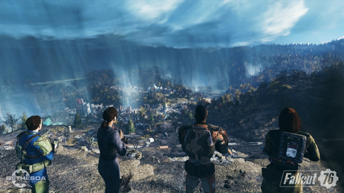 die vier Helden sehen die Landschaft von Zerstörung, eine Szene aus Fallout 76