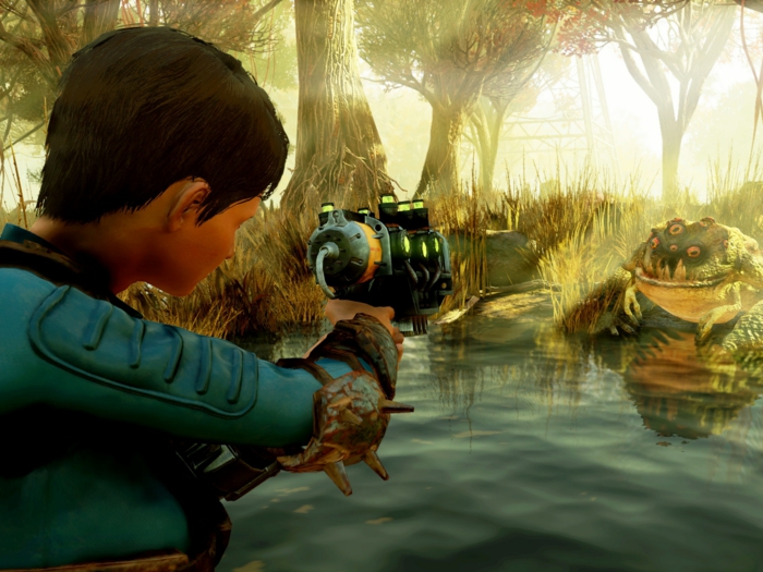 eine Heldin will einen muttierten Frosch erschießen in einem See, eine Szene aus Fallout 76