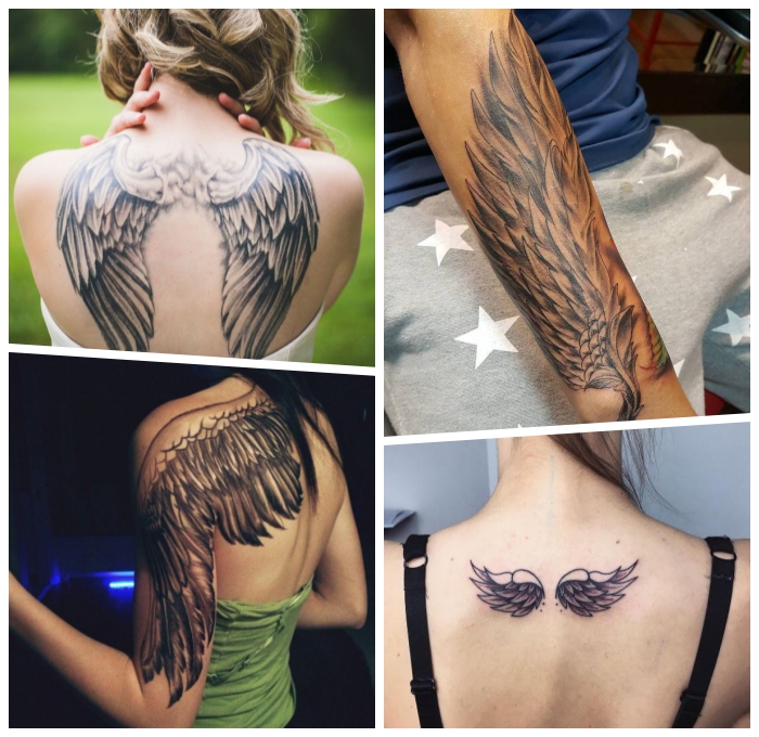 flügel tattoo arm, frau mit großer tätowierung mit engelsflügel motiv am rücken, kleines tattoo, motive für frauen
