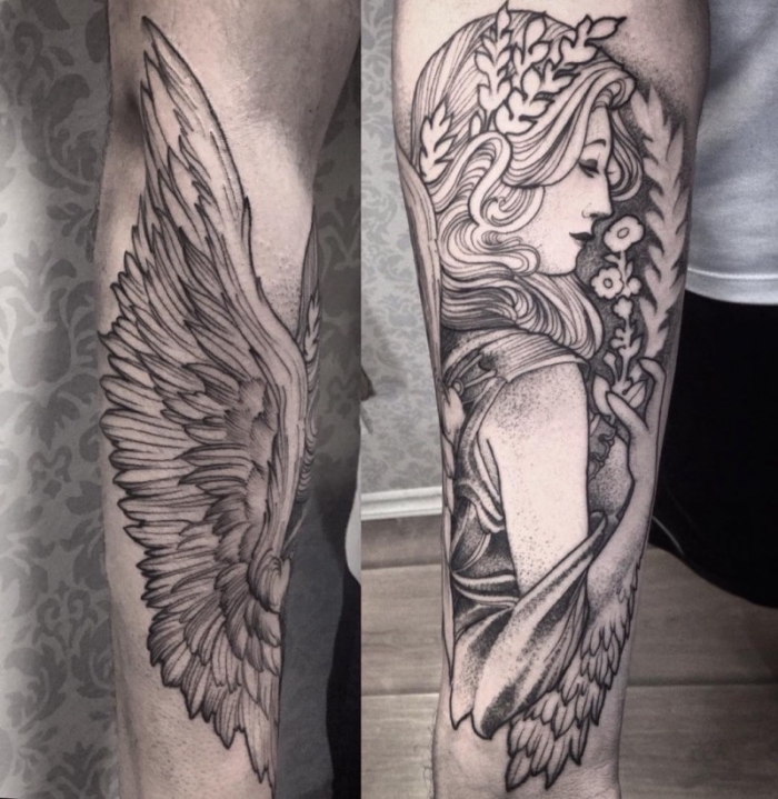 flügel tattoo arm, mann mit großer blackwork tattoo am arm, frau mit engelsflügeln, griechische göttin