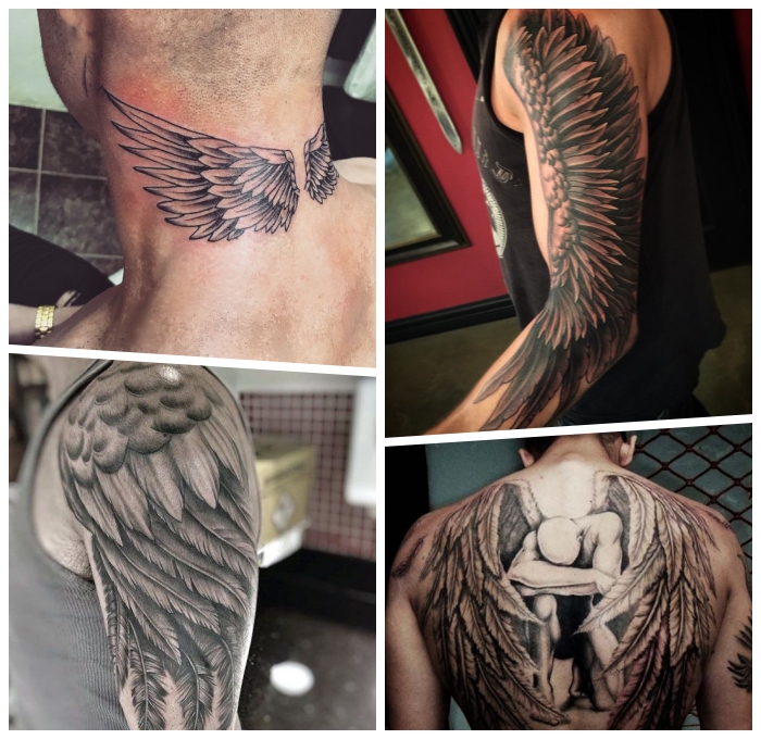 großes realitsches flügel tattoo arm, gefallener angel, große tätowierung am rücken, zwei flügel am nacken