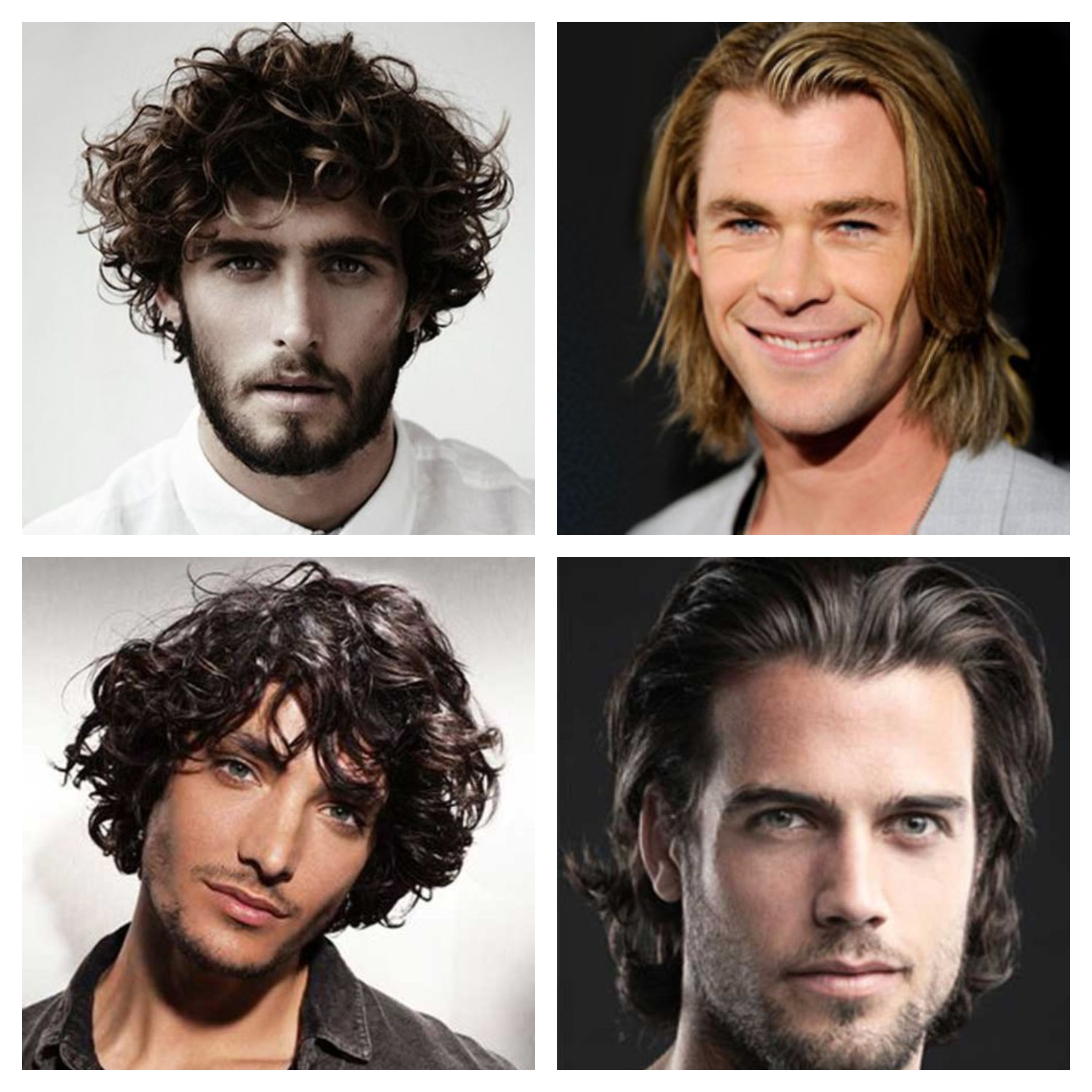 frisuren für männer mittellang collage mit vier bildern, locken in den haaren, blond und dunkelhaarig mann style ideen