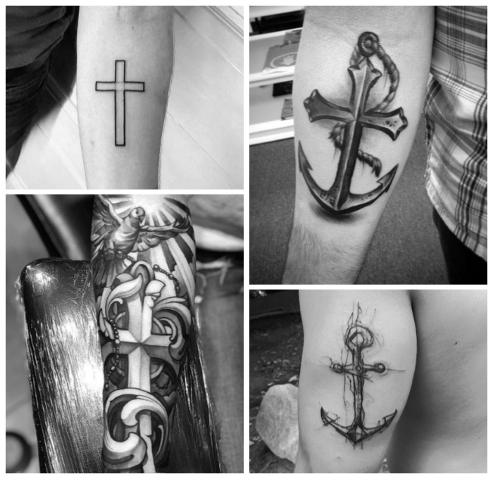 kreuz tattoo ideen, die bestne designs, schwarz graue tätowierungen, anker mit seil, 3d tätowierung am arm