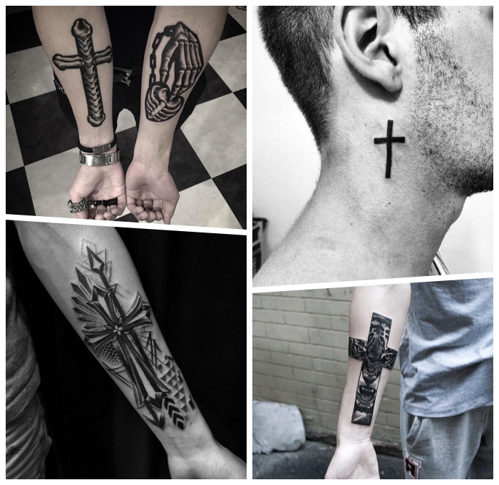 kreuz tattoo ideen für männer, mann mit kleine tätowierung unter dem ohr, blackwork tattoos ideen 