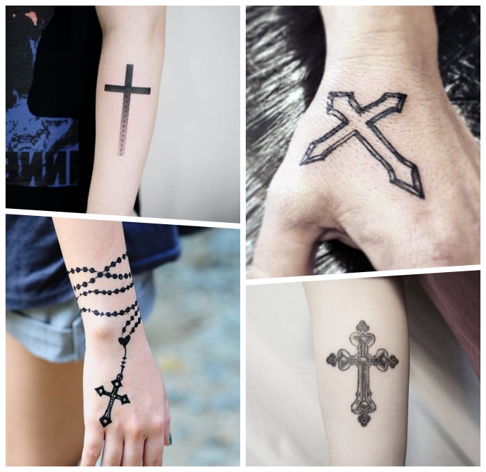 kreuz tattoo ideen, rosenkranz am unterarm, tattoo mtoive für männer und frauen, symbol für glauben