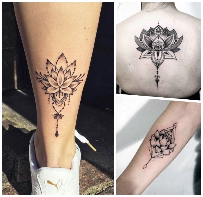 lotus tattoo am bein, tätowierungen für frauen, lotusblume mit mandala motiven, weiße sportschuhe
