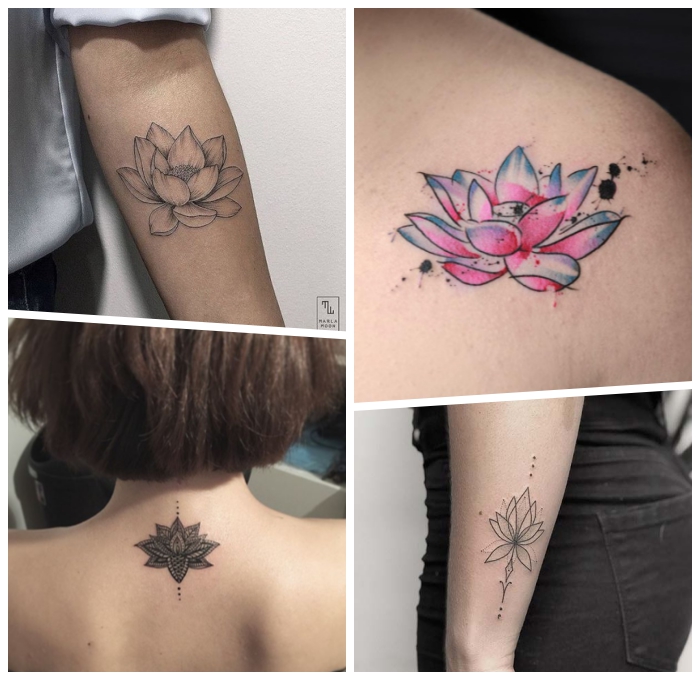 lotus tattoo ideen, tätowierung am arm, die besten designs für frauen, lotusblume in blau und rosa