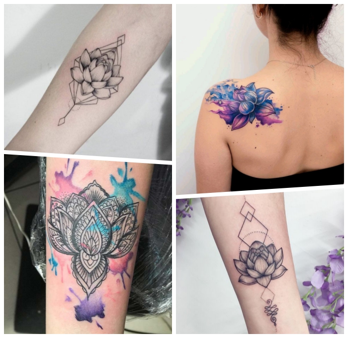 lotus tattoo ideen und designs, tätowierung am schulter, lotusblume mit unalome, wasserfarben 