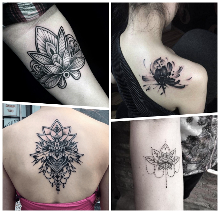 lotus tattoo, tätowierungen in schwarz und grau, blackwork tattoos für frauen ideen, lotusblumen