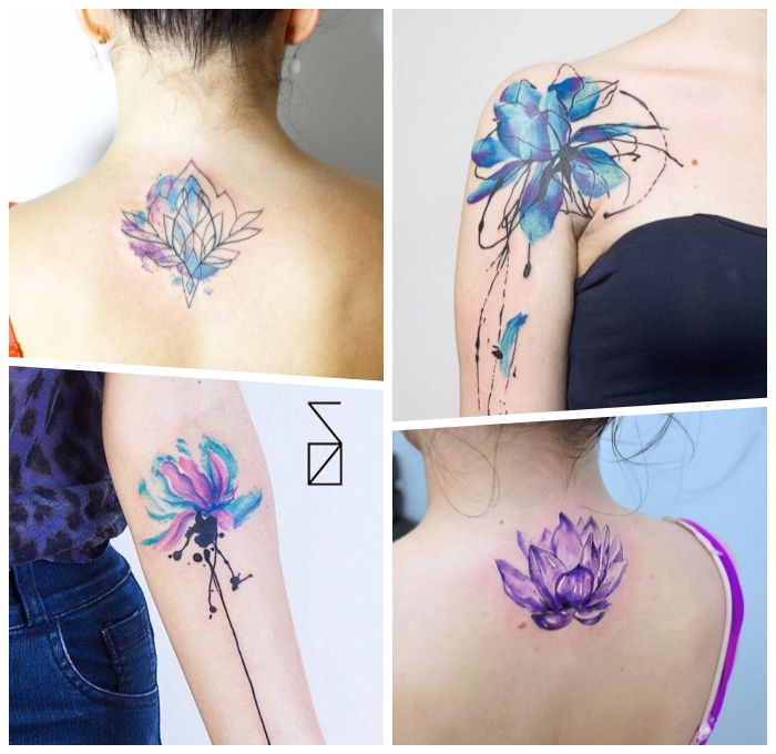lotusblume tattoo ideen für frauen, wasserfarben tätowieeungen, verschiedene designs, lila lotus, blaue lotusblüte