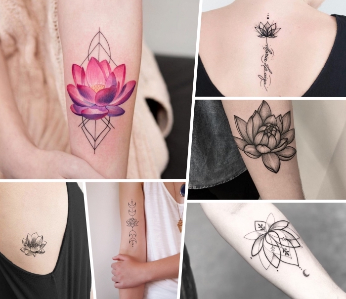 lotusblume tattoo designs, rosa lotus mit goemetrischen motiven, tätowierungen für frauen ideen