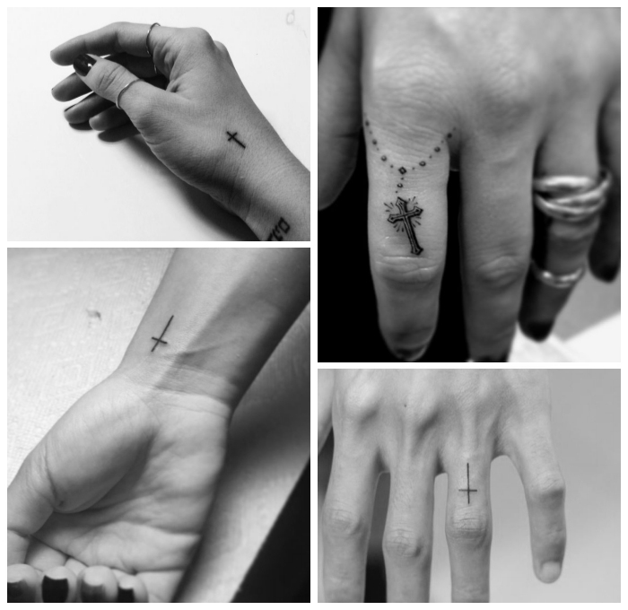 rosenkranz tattoo am finger, kleine tattoo motive für frauen, simpler kreuz am handgelenk, tattoo ideen