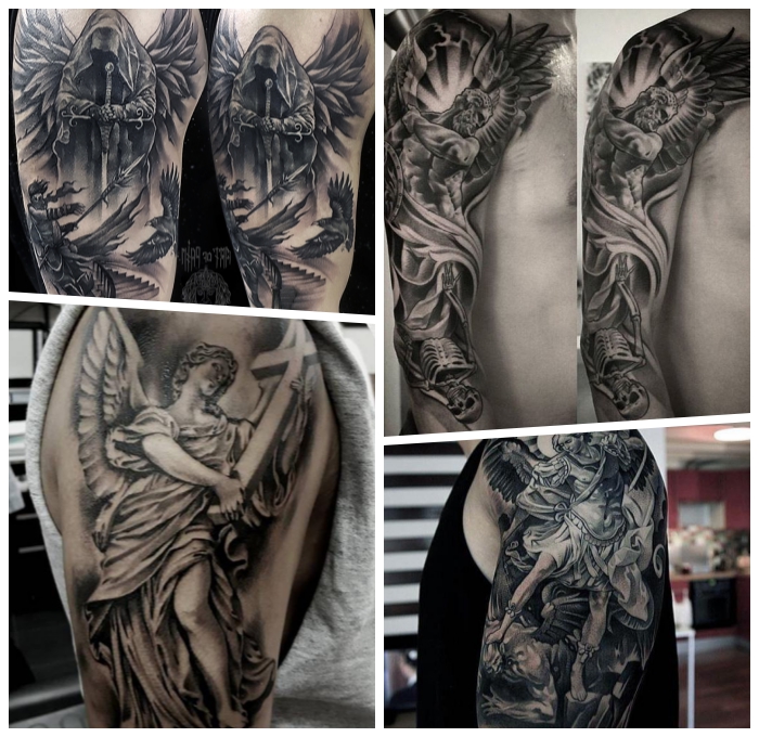 schutzengel tattoo ideen, gefallener engel mit schwert, erzengel mit großem kreuz, detaillierte tätowierungen