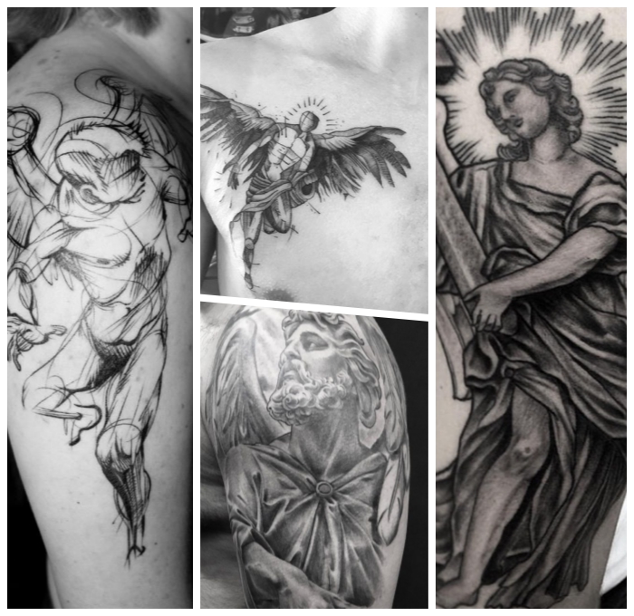 tattoos mit beudetung, tattoo motve für männer, schutzengel tattoo, schwarz graue tätowierungen