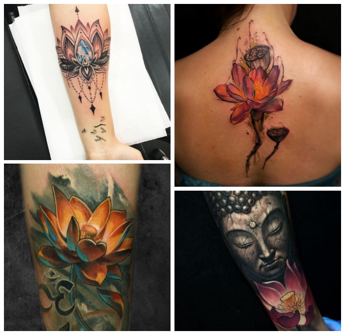 symbol für neuanfang, realitisches tattoo mit buddha und lotus als motiv, rosa lotusblume