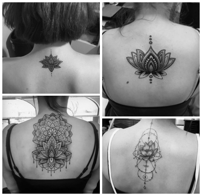 symbol für neuanfang, tattoo ideen für frauen, mandala lotus am rücken, geometrische elemente, kreise