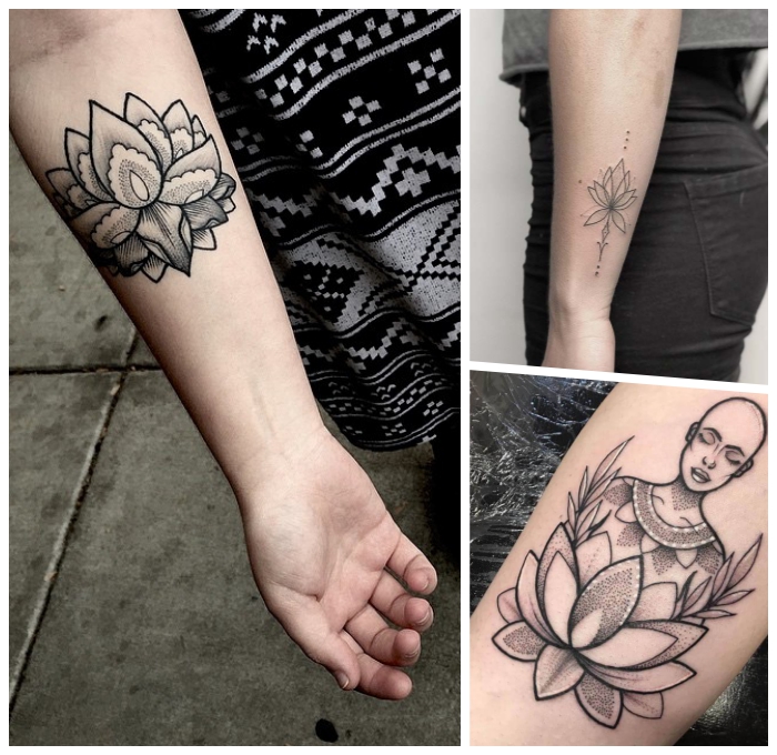 symbol für neuanfang ideen, tattoo motive für frauen, schwasrz graue tätowierungen, lotus am arm