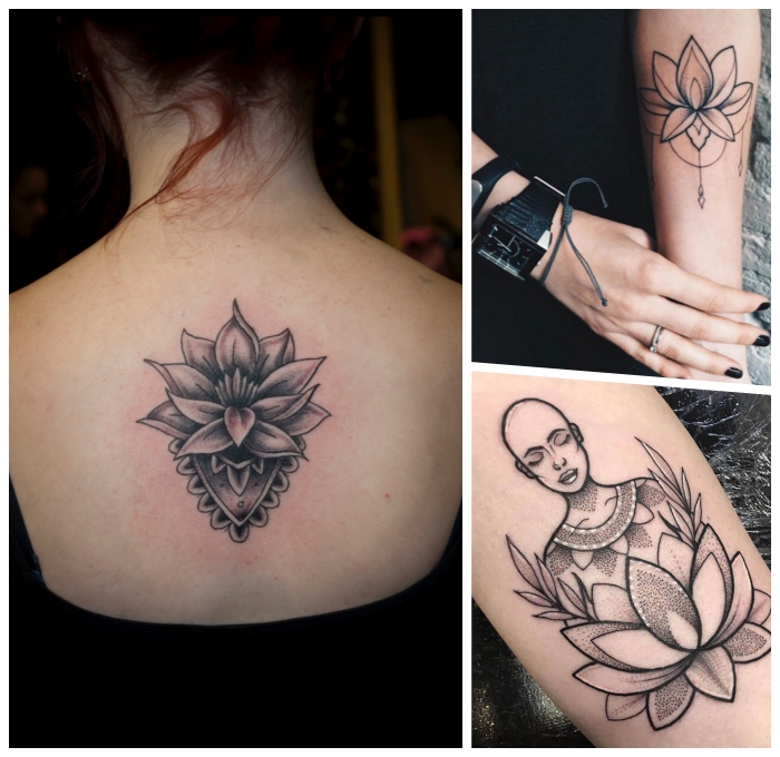 symbole und ihre bedeutung, lotusblume am rücken, kleine tattoo motive für frauen, mandala motive