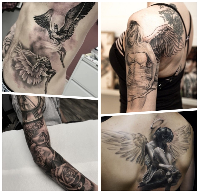tattoo engel ideen, realitsche tätowierungen in schwarz und grau, große 3d tattoos, sleeve