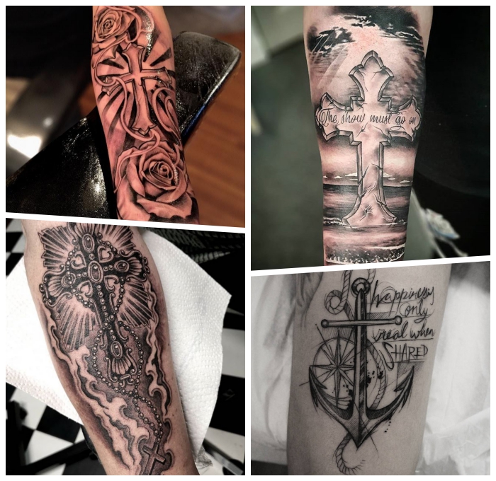 tattoo symbole, detaillierte tätowierungen in schwarz und grau, realigiöse 3d tattoos für männer