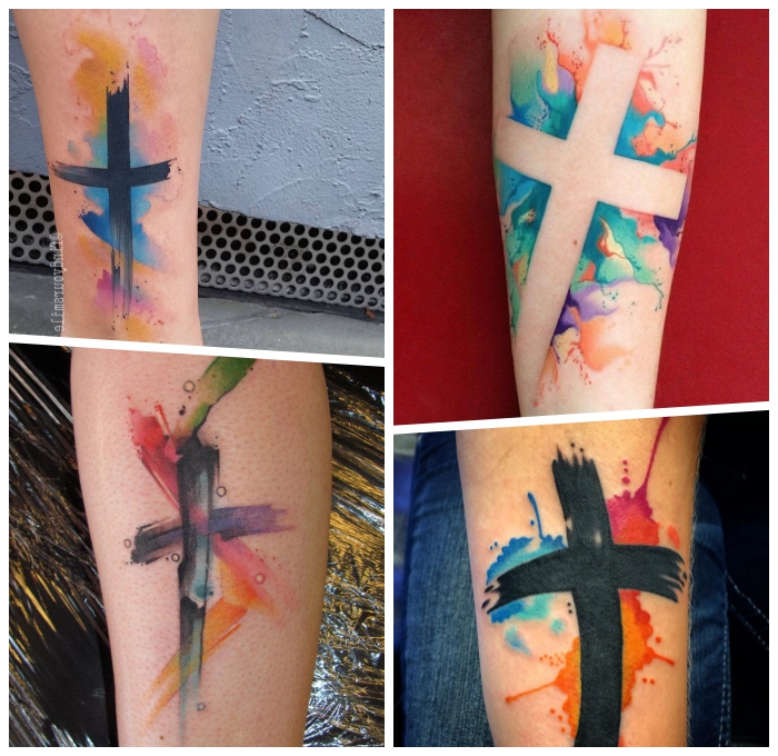 wasserfarben tattoos mit bedeutung, tattoo ideen für männer und rfauen, kreuz als tattoo motiv