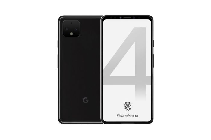 das pixel vier von google. zwei schwarze smartphones mit einem weißen bildschirm und einemschwarzen quadratischen kameraelement mit zwei sensoren
