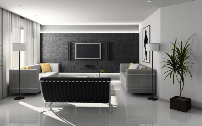 epoxidharz beschichtung im wohnzimmer, weißer epoxidharzboden, einrichtung in schwarz und weiß, wohnzimmereinrichtung