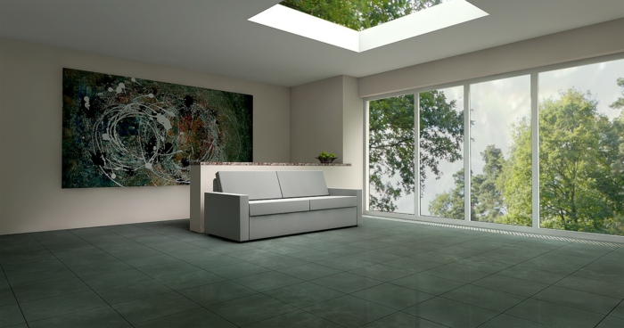 eine Wohnung in minimalistischem Stil, Fliesenboden in der Wohnung, ist es besser als Steinboden