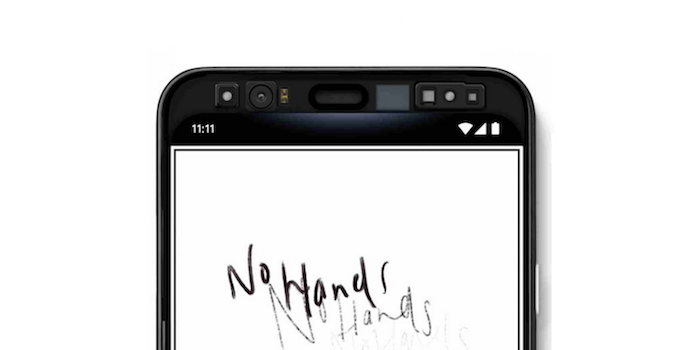 ein schwarzes großes smartphone von google mit einem weißen bildschirm und einer frontkamera und soli erkennungsfunktion, google pixel vier