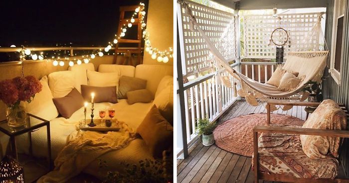 balkonmöbel für kleinen balkon, terrasse romantisch dekorieren, ethno stil idee mit hammock, deko inspiration für alle