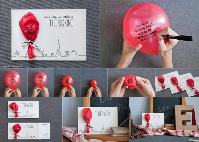 einladungen drucken, auf ballon den einladungstext aufschreiben, es an karte anhängen und abschicken